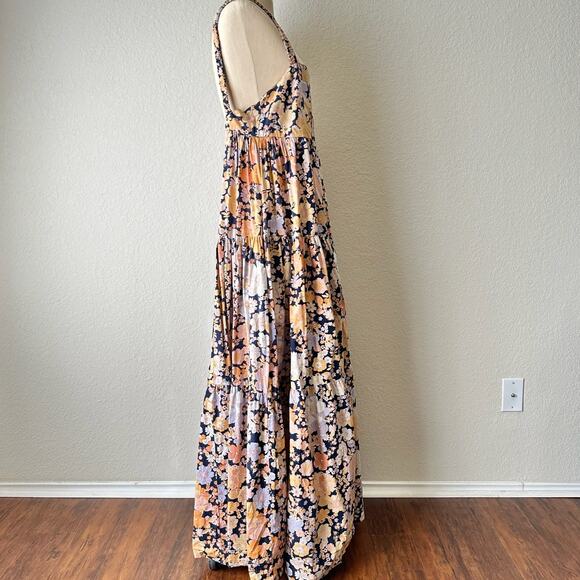 FREE PEOPLE Park Slope Maxi Dress Orange Floral Tiered Swing Boho Fairy - Picture 7 of 14